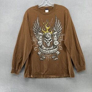 MOST Mens Feelin Lucky Graphic Long Sleeve T-Shirt Brown Skull 8-Ball Size L